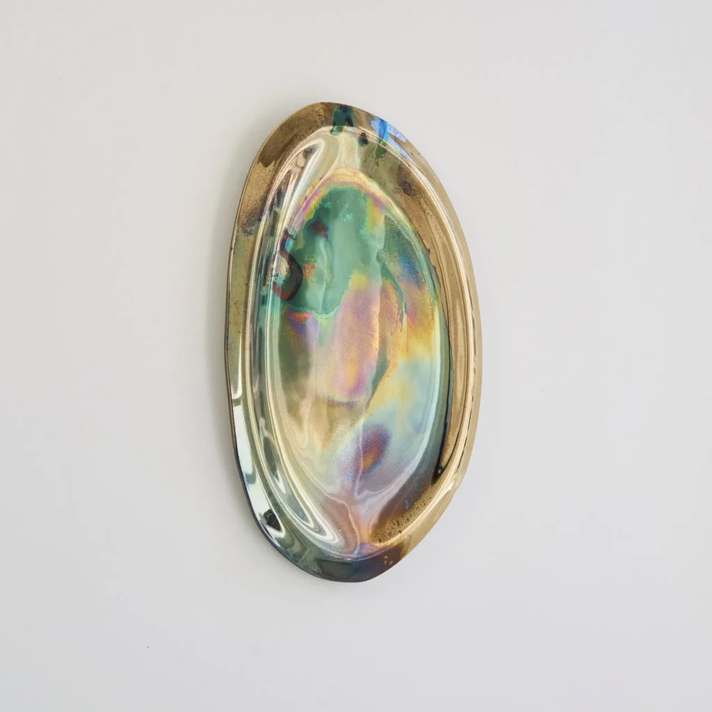 WATER DIXON, NACRE THE PEARL'S LOGIC I, 2026, MULTILAYER BRASS AND SPECTRUM COPPER MIRROR ON 10MM BRONZE SLUMPED GLASS, CLEAR 2K FLOAT FRAMED, 40 x 54 cm