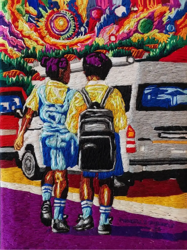 Mondli Mbhele Masihambisane (Let Us Walk Together) 2026 Hand-embroidered wool on stretched canvas