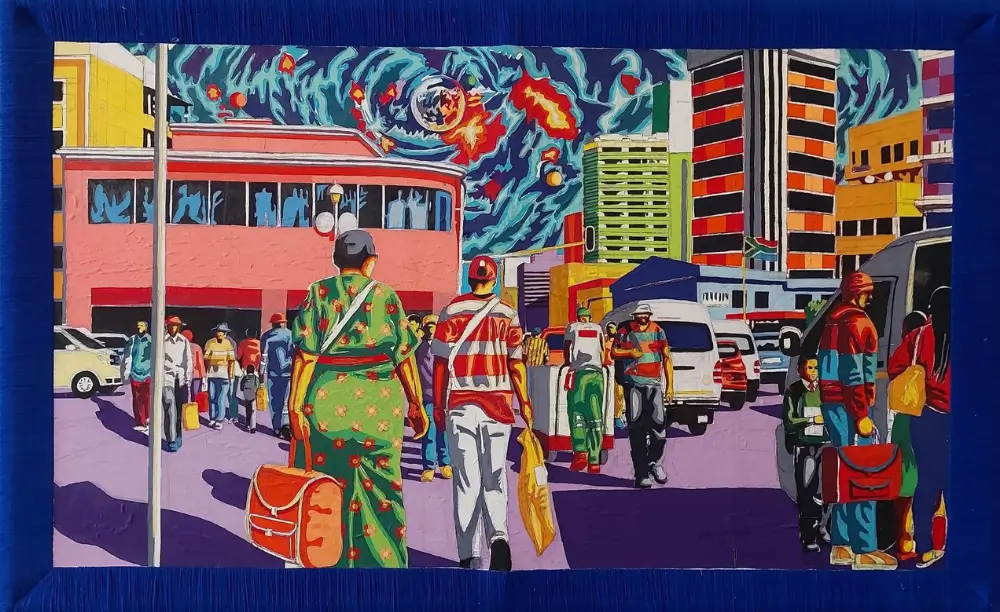 Mondli Mbhele Sivuka Siyozama (We Wake Up and Try Again) 2026 Textile collage on stretched canvas