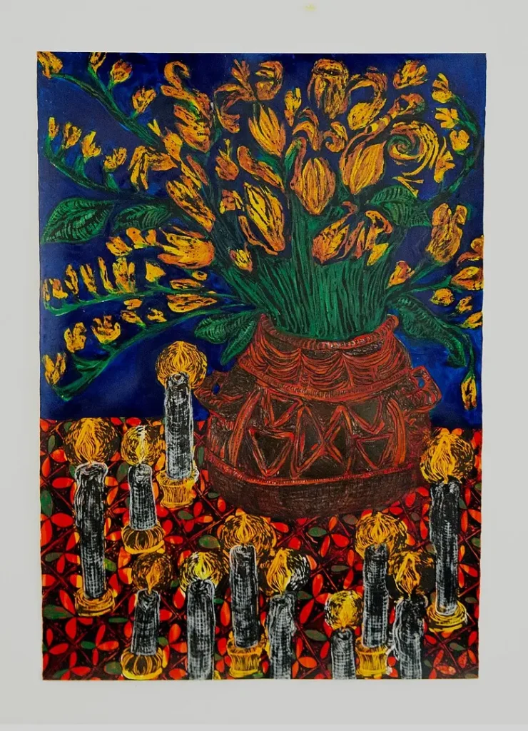 LADY SKOLLIE BUNCH OF FREESIAS IN A RORKES DRIFT UKHAMBA 2026 LINO CRAYON AND INK ON FABRIANO